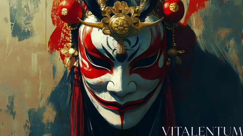 Ornate red and white oni mask with gilded ceremonial crown.