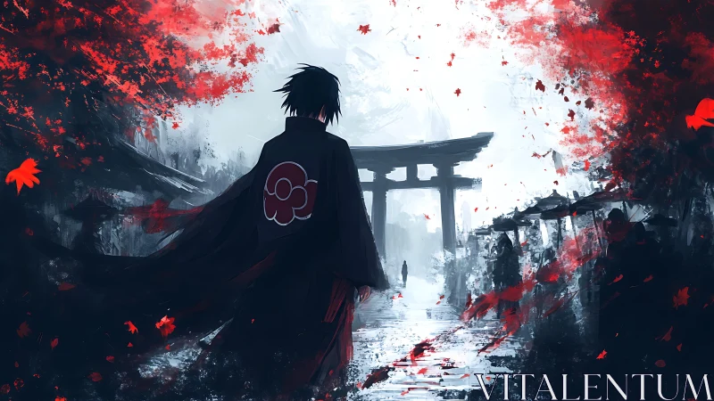 Lone wanderer beneath crimson leaves and misted gates.