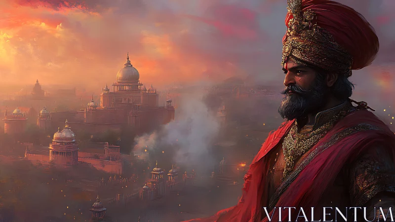 Ember crowned emperor gazes over a stormlit royal citadel.