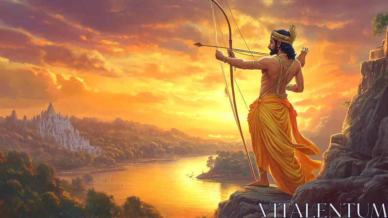 Warrior prince draws bow over sunlit river kingdom