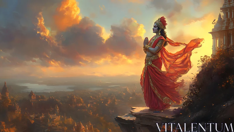 Divine woman in red prays above a golden temple city at dusk