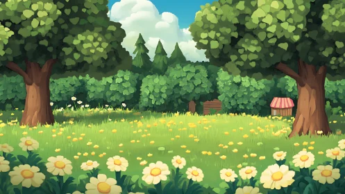 Sunny stylized forest glade with daisies and rustic props.
