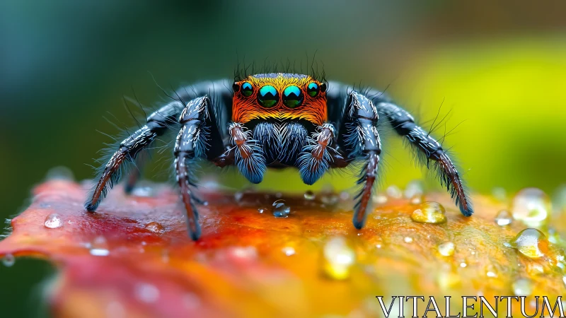 Iridescent jumping spider macro on dew covered autumn leaf