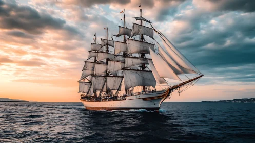 Sunstruck tall ship carving twilight paths across waves.