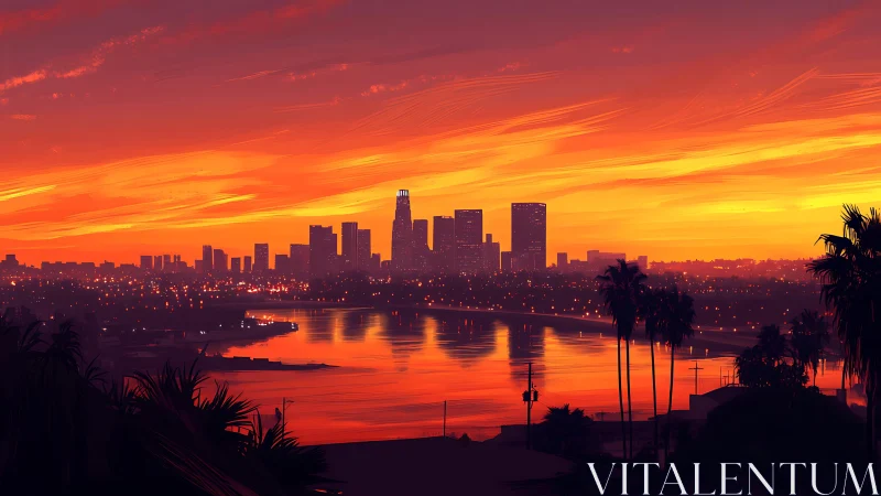 Sunset city skyline with river and palm silhouettes view.