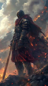 Armored sentinel in volcanic battlefield with embered cloak.