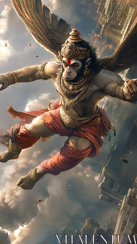 Winged simian demigod in aerodynamically dynamic descent.