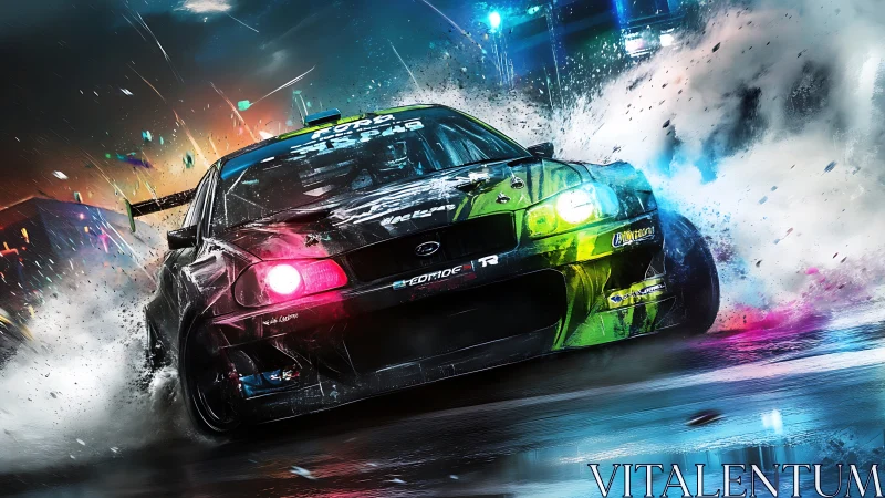 Neon‑lit drift car tears through rain soaked city streets.