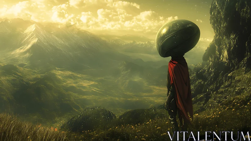 Helmeted wanderer listens to a golden valley&rsquo;s silent symphony