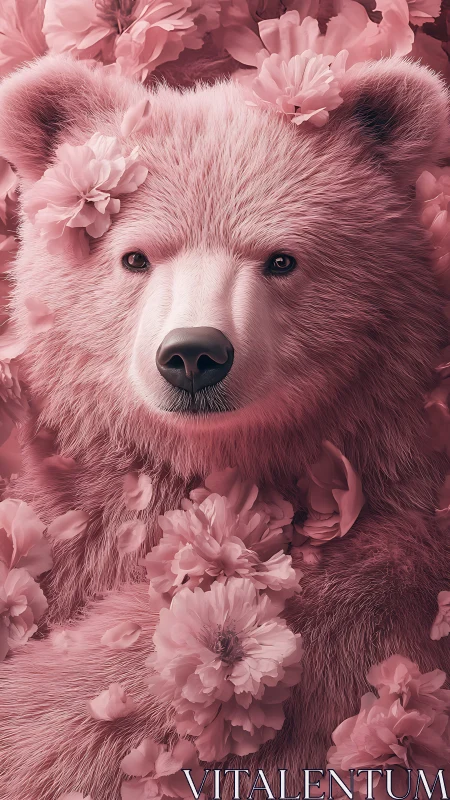Pink bear portrait integrates floral elements in uniform tone
