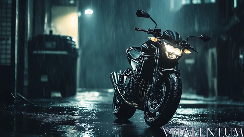 Sport motorcycle stands under rain in dim urban alley