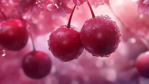 Dew-covered red cherries in soft pink bokeh lighting.