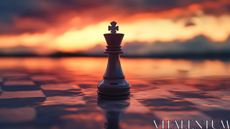Reflective chess king standing on rippled water at sunset
