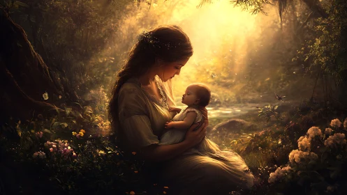 Forest cradle of light where mother and infant dream together.