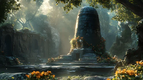 Sunlit jungle shrine with ancient stone monolith temple.