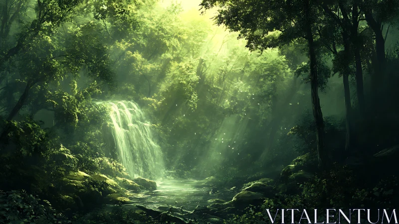 Enchanted Waterfall Sanctuary Bathed in Golden Light