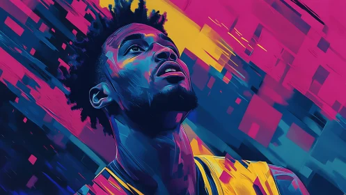 Digital portrait of basketball player in neon abstract field.