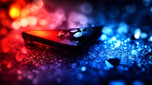 Futuristic game controller on glittery surface, vibrant neon lighting.