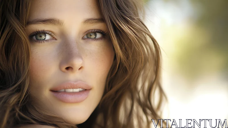 Close-up portrait of woman with loose wavy brown hair.