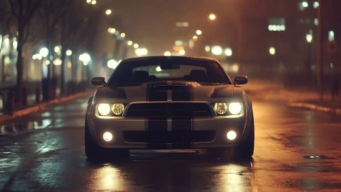Midnight muscle car prowls a rainlit city boulevard. Period.