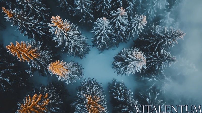 Aerial snowy conifer canopy in radial winter composition.