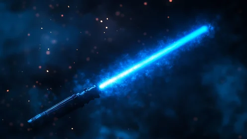 Galactic blue energy blade ignites the star-swept dark.