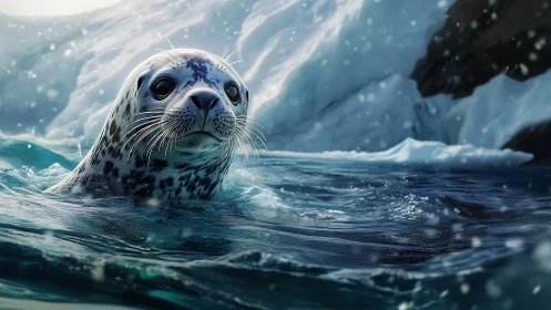 Curious spotted seal swims through icy polar waters.