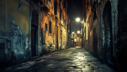 Rain-slicked historic alley glows under sparse streetlights