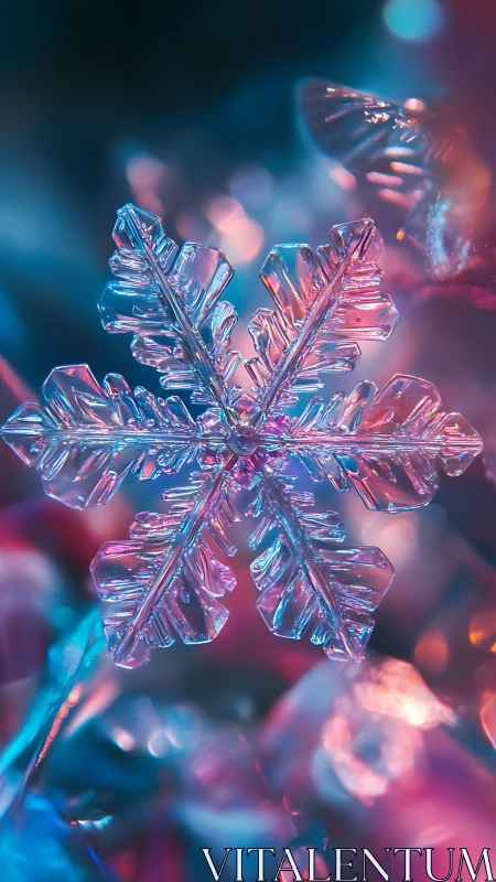 Crystal snowflake pirouettes in neon winter twilight glow