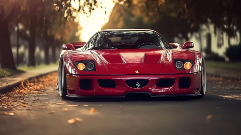 Scarlet supercar prowls an autumn lane like polished thunder