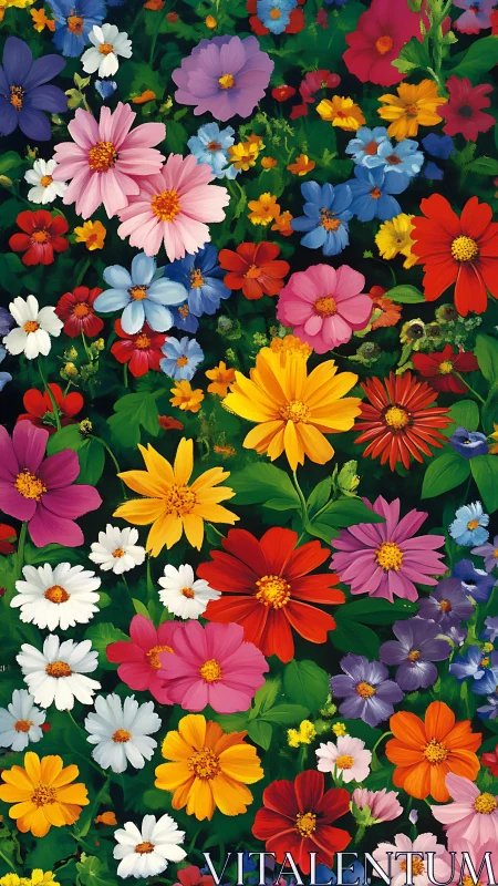 Vibrant Cosmos Garden: Multicolor Blooms Against Verdant Foliage.