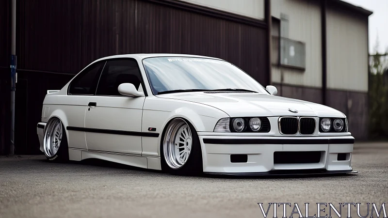 Lowered white BMW coupe parked beside industrial building.
