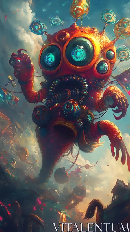 Colossal cyborg cephalopod over surreal floating cityscape.