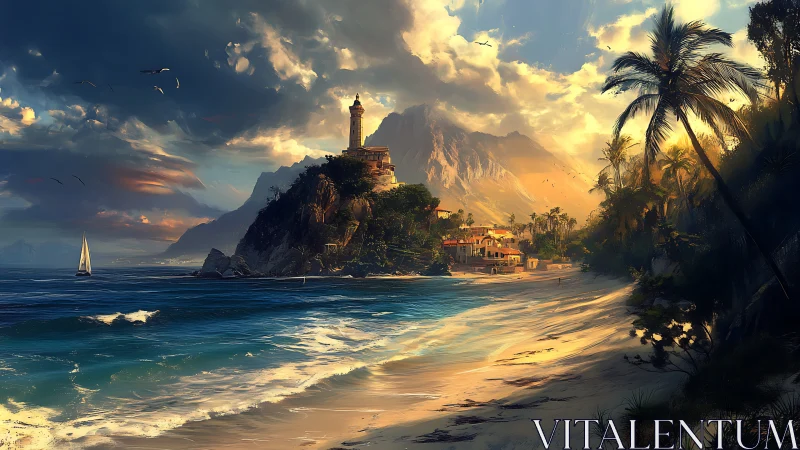 Golden Hour Paradise: Beacon Keeps Watch Over Tropical Escape.