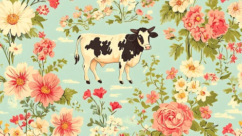 Whimsical dairy cow stands amid vintage floral daydream