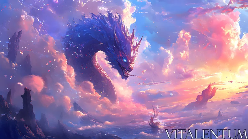 Skyborn dragon greets a lone ship in glowing pastel clouds.