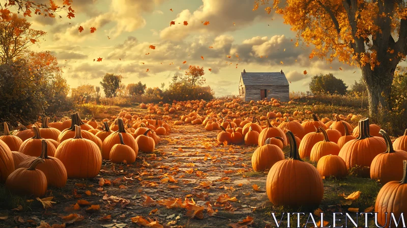 Golden pumpkins glow along a rustic path at autumn sunset