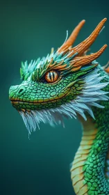 Emerald dragon portrait with intricate scales and horns