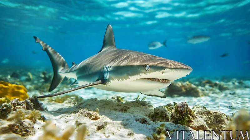 Shallow reef shark in lateral cruising profile, high clarity.