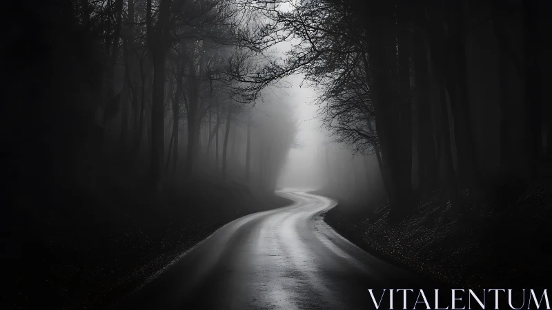 Curving wet road dissolves into dense monochrome forest fog