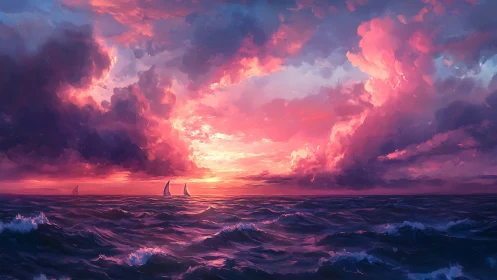 Sailing vessels cross crimson ocean under erupting sunset