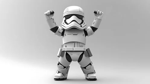 Cartoon armored space trooper celebrates on white background