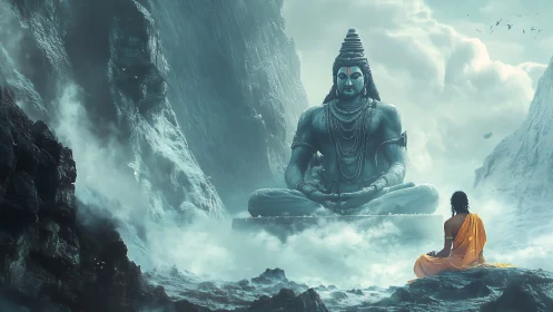 Mountain mist meditation before colossal stone deity.