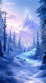 Frozen mountain path under crystalline twilight glow.