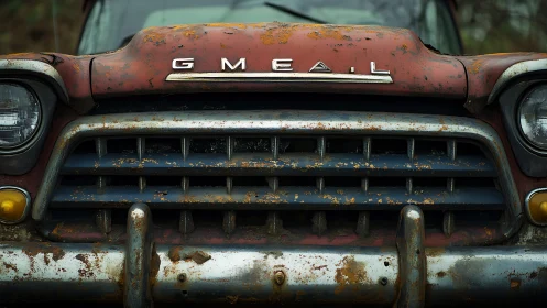 Weathered classic truck grille with rusted red hood.