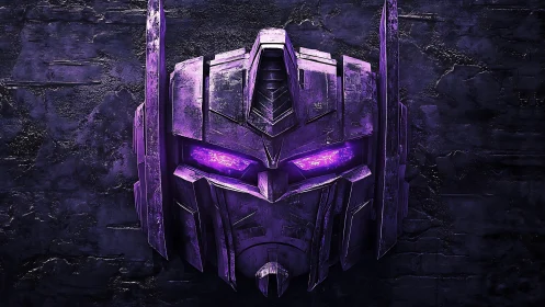 Glowing purple robot mask stares out from a textured wall