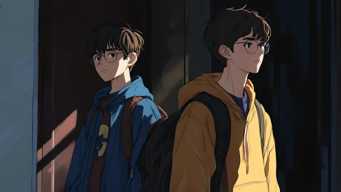 Pensive students in hoodies under late evening shadows.