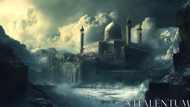 Frozen mountain citadel under storm-split sky glows softly