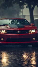 Red Chevrolet Camaro front view in rain on wet street.