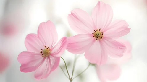 Pink Cosmos Flowers Against Soft Bokeh Background.